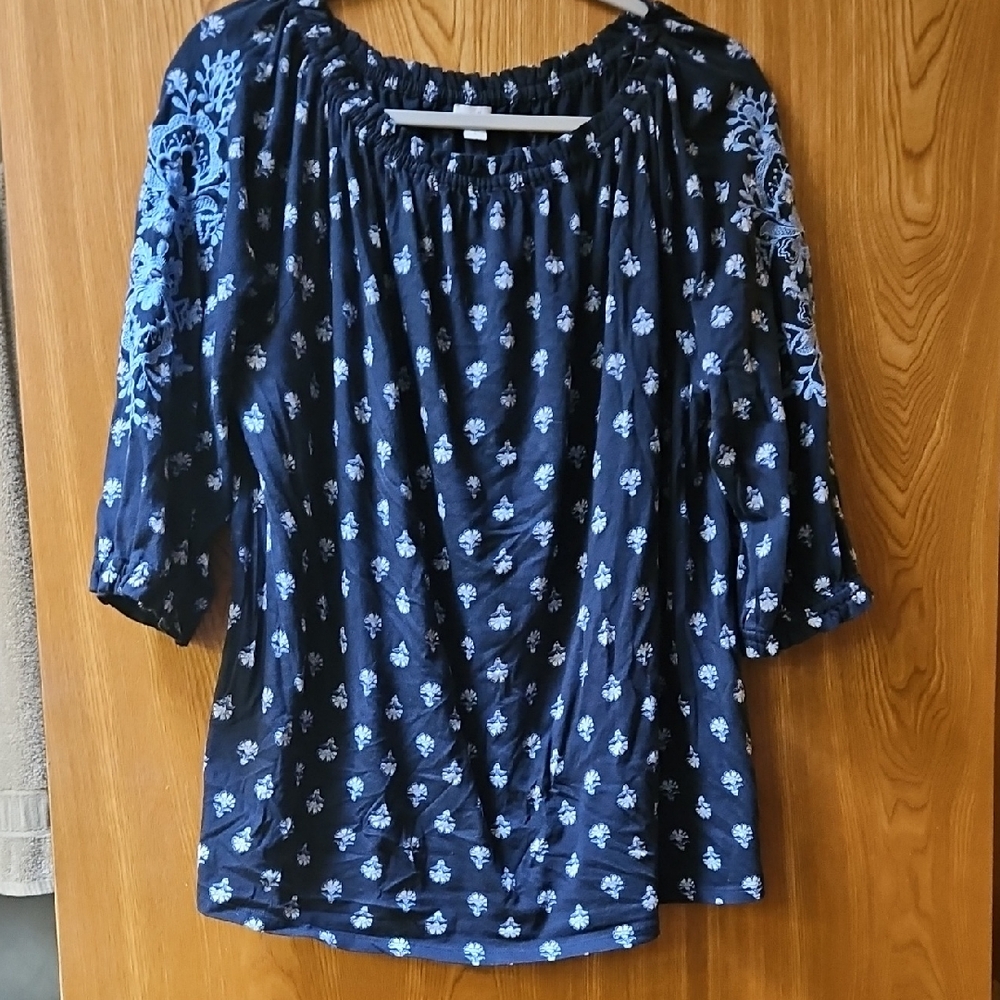 J. Jill Navy Blouse with Light Blue Floral Patterns